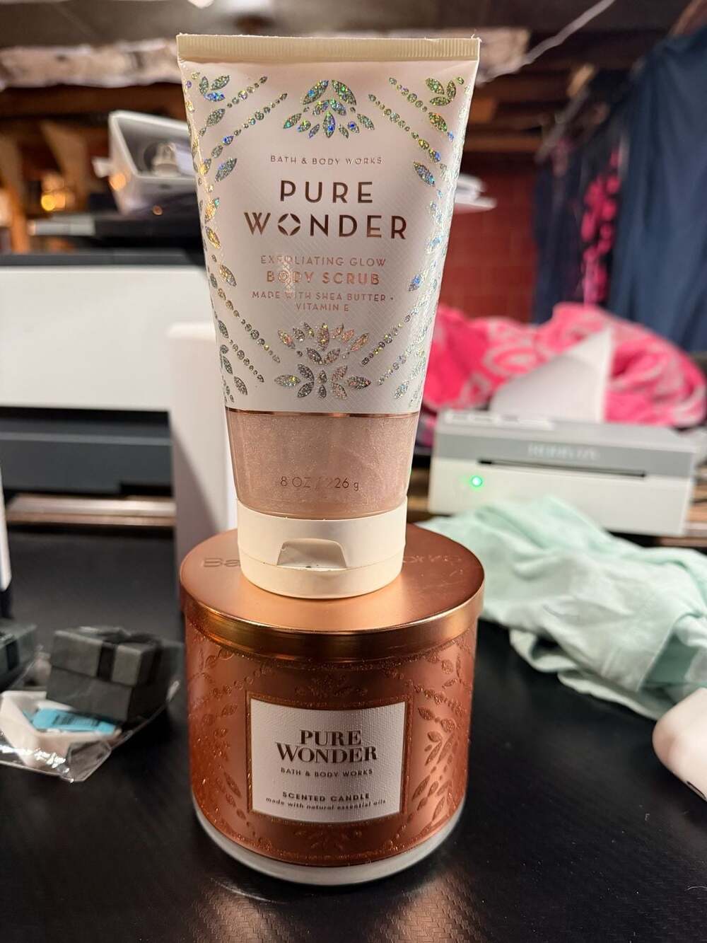 Bath & Body Works Pure Wonder Set: Exfoliating Glow Body Scrub & Candle